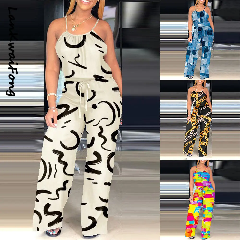 

LKF 2023 New Fashion Print Sling Jumpsuit Strapless Sexy Commuter Summer Casual Wide-leg Pants