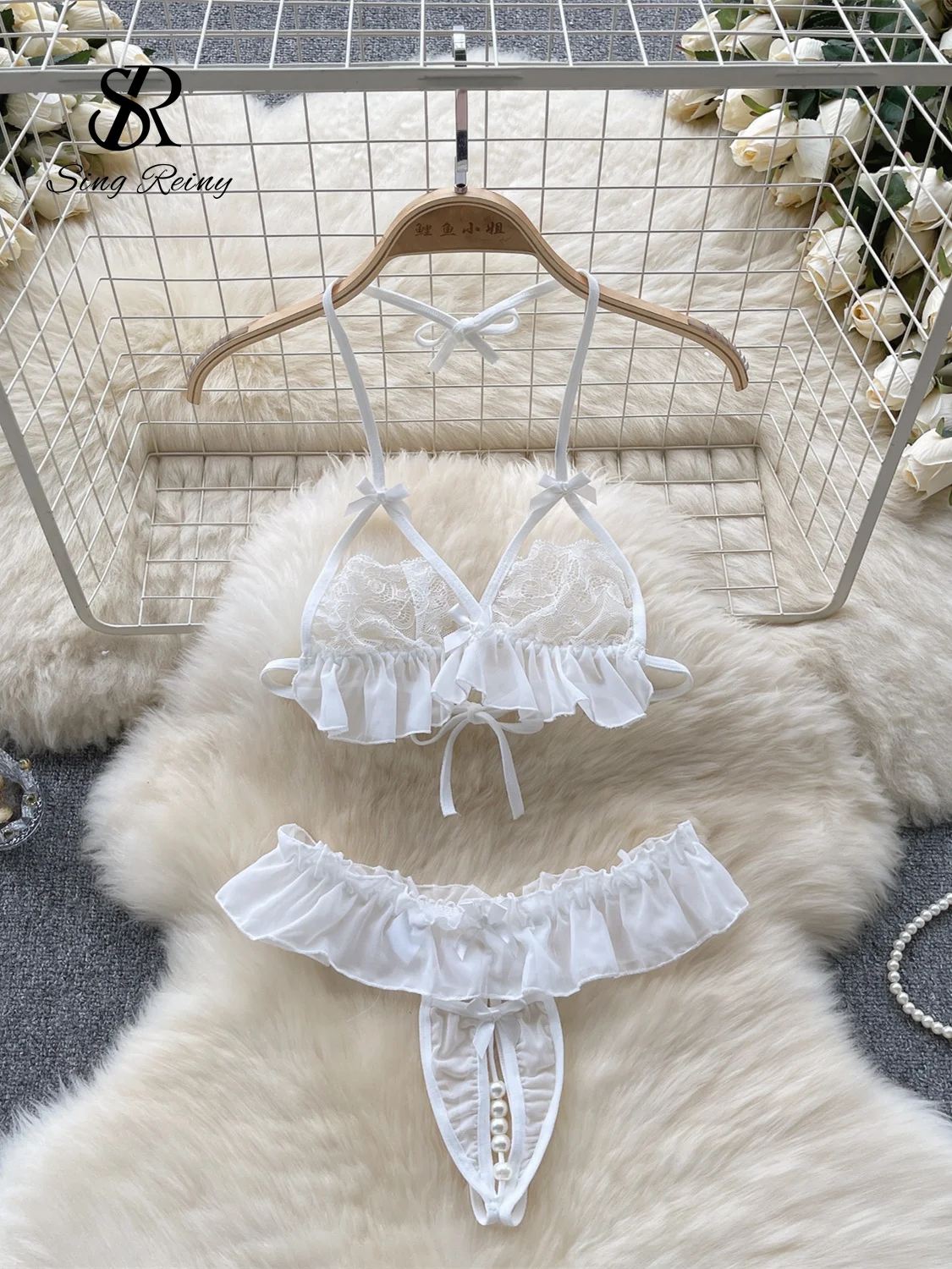 SINGREINY Sheer Porn Lace Sexy Underwear Suits New Women Mesh Ruffles  Halter Mini Bra+Pearl Thongs Hollow Out Erotic Nightsuits - AliExpress