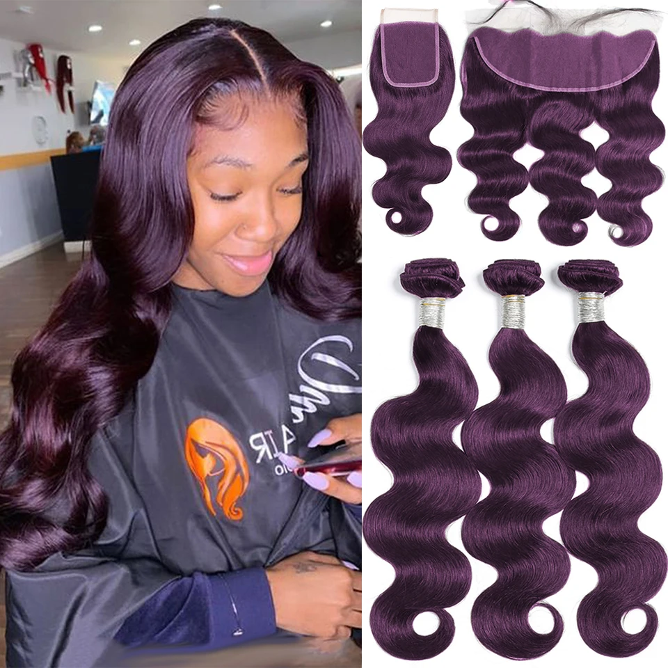 

Dark Purple Cheap Body Wave Bundles With Closure 4x4 5x5 HD Lace Closure Frontal With 3/4 Bundles Remy Hair Swiss Lace Closure