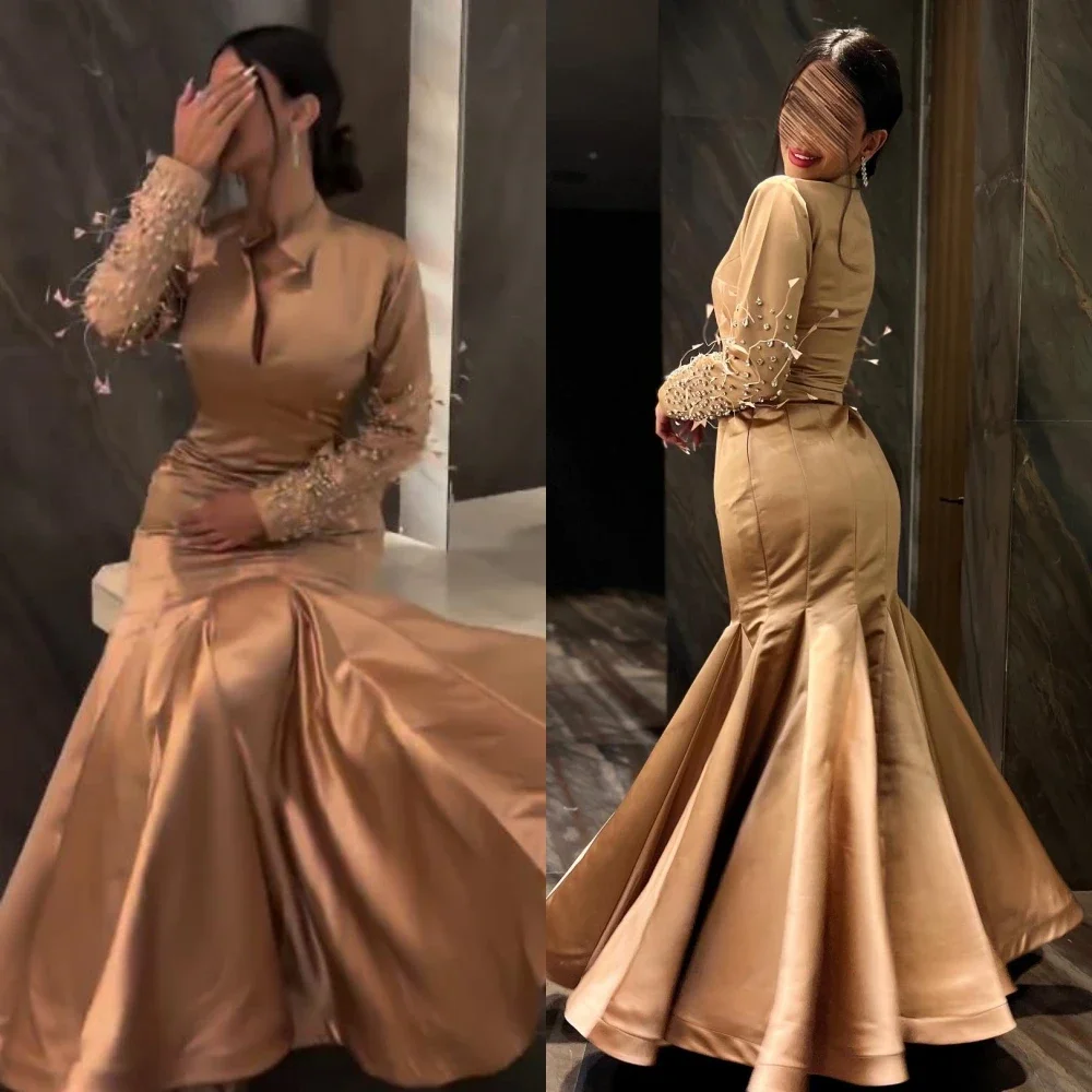 

Fashion Elegant High Collar Mermaid Quinceanera Beading Feathers Floor Length Skirts Charmeuse Evening Dresses