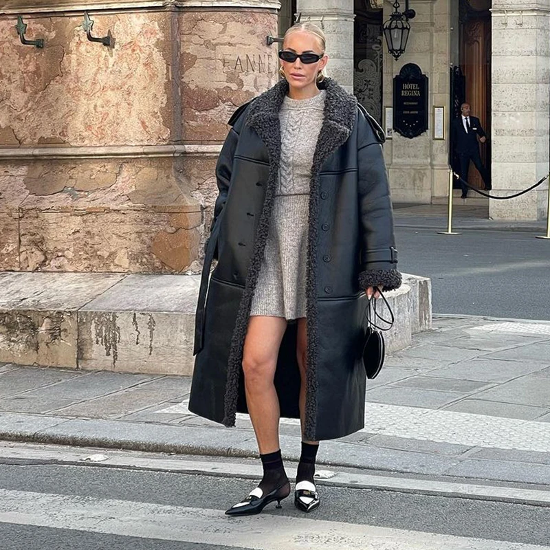 Fashion Lamb Wool PU Leather Long Jacket Women With Belt Patchwork Lapel Pocket Oversize Overcoat Winter Warm Thick Outwear