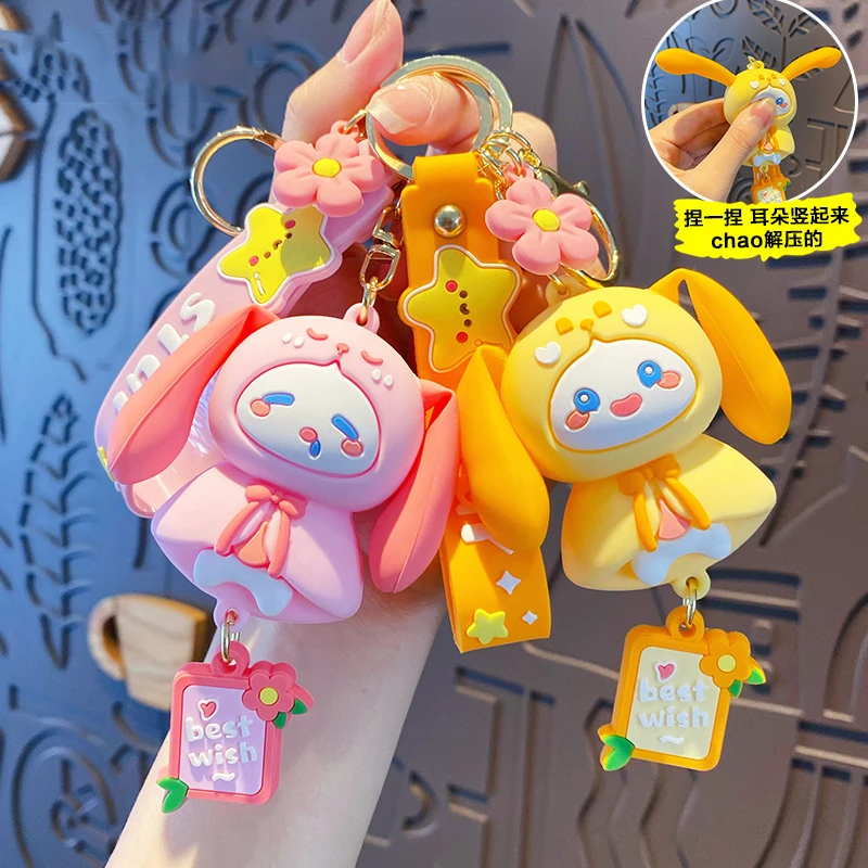Cartoon Sunny Day Elastico Orecchio Coniglio Ciondolo Portachiavi Carino Auguri Stelle Fiori Sleepy Bunny Doll Portachiavi Coppia Portachiavi