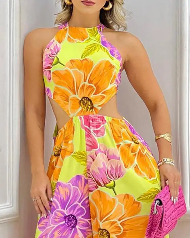Summer New Elegant Temperament Commuting Women's Casual Sexy Jumpsuit Floral Print Halter Cutout Wide Leg Jumpsuit ﻿ ﻿