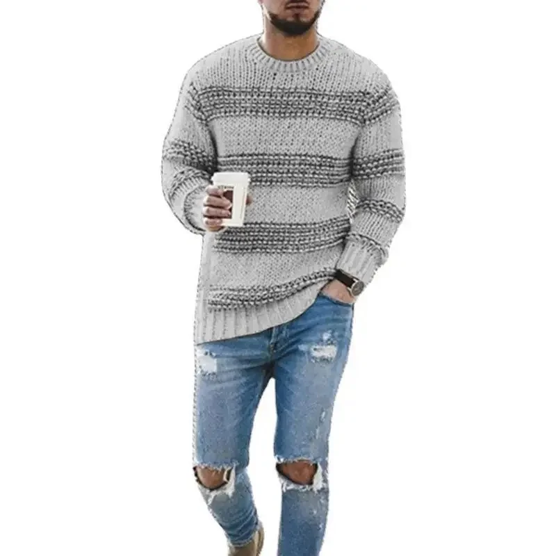 Winter Hot Sale Of The Season Men's Knitted Sweater Casual Loose Striped Top Sporty Crew Neck Male Fashion Knitwear Comfortable