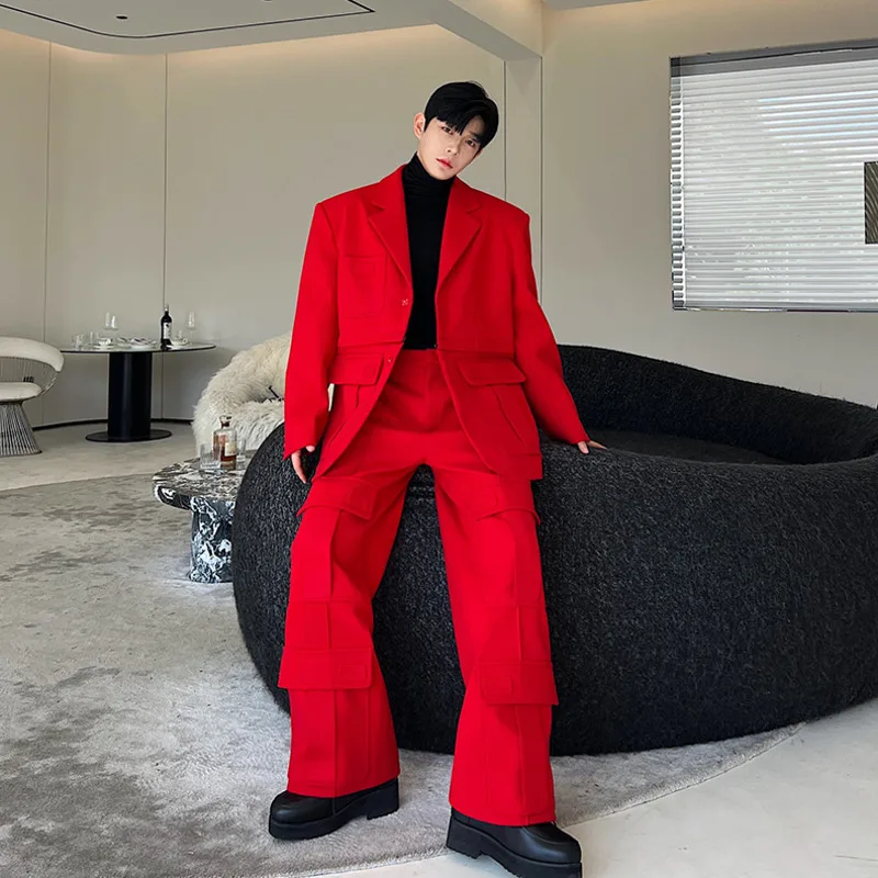 NOYMEI Korean Style Men\'s Two Pieces Cargo Suit Set Large Pocket Removable Heavy Fabric Wide Leg Pants Detachable Blazer WA3174