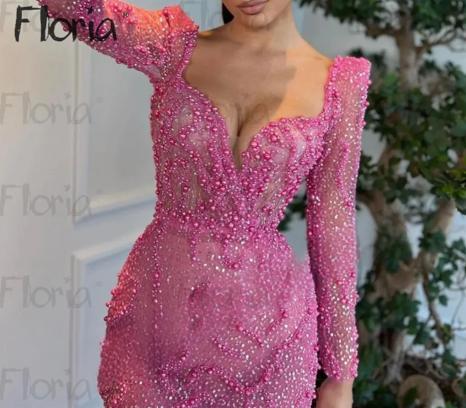 

Pink Sparkly Cocktail Party Dress Deep V Beck Mermaid High Quality Wedding Prom Gowns Arabic Women Formal Evening Dresses Plus