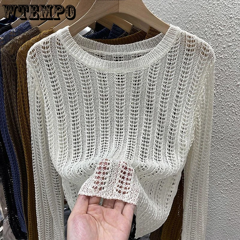 

Белая вязаная Солнцезащитная рубашка, женский тонкий свободный ажурный короткий топ с длинным рукавом и высокой талией