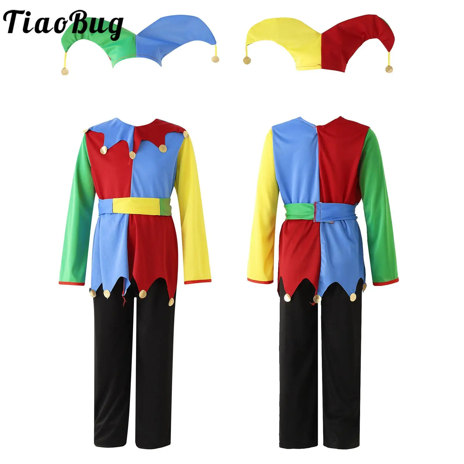 

Kids Girls Boys Circus Clown Costume Halloween Cosplay Carnival Party Performance Outfit Color Block Clowns Dress with Hat Pants