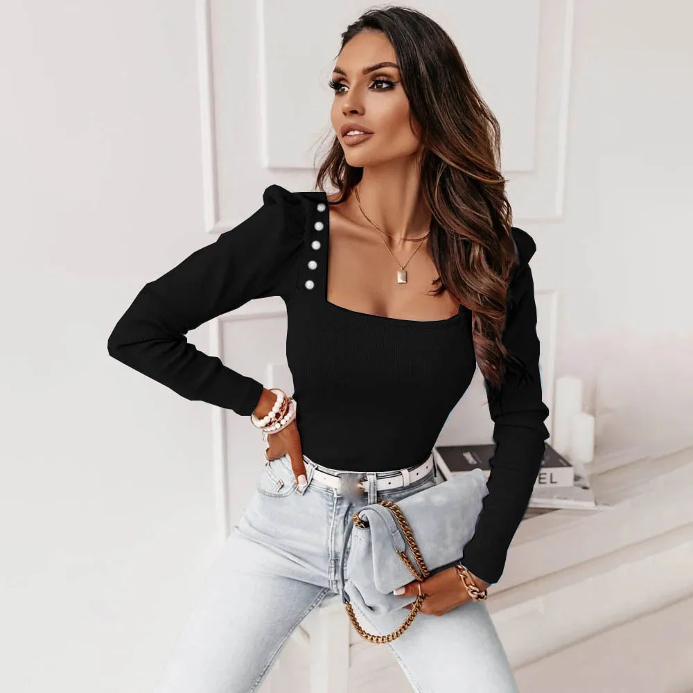 

Sexy Square Collar Low Cup Beading T Shirt For Women 2023 Autumn Winter Puff Long Sleeve Solid Slim Chic T-shirts Casual Tops