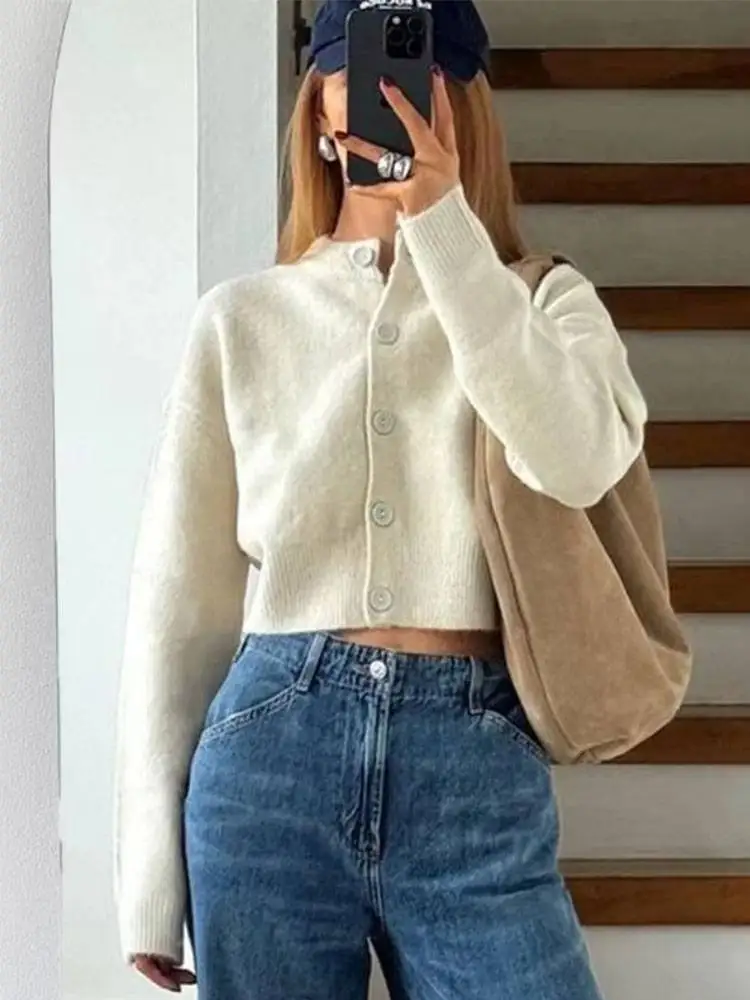 HH Women New Fashion Cropped Cardigan Sweater Long Sleeve O Neck Knit Coat Female Elegant Solid Office Lady Chic Top