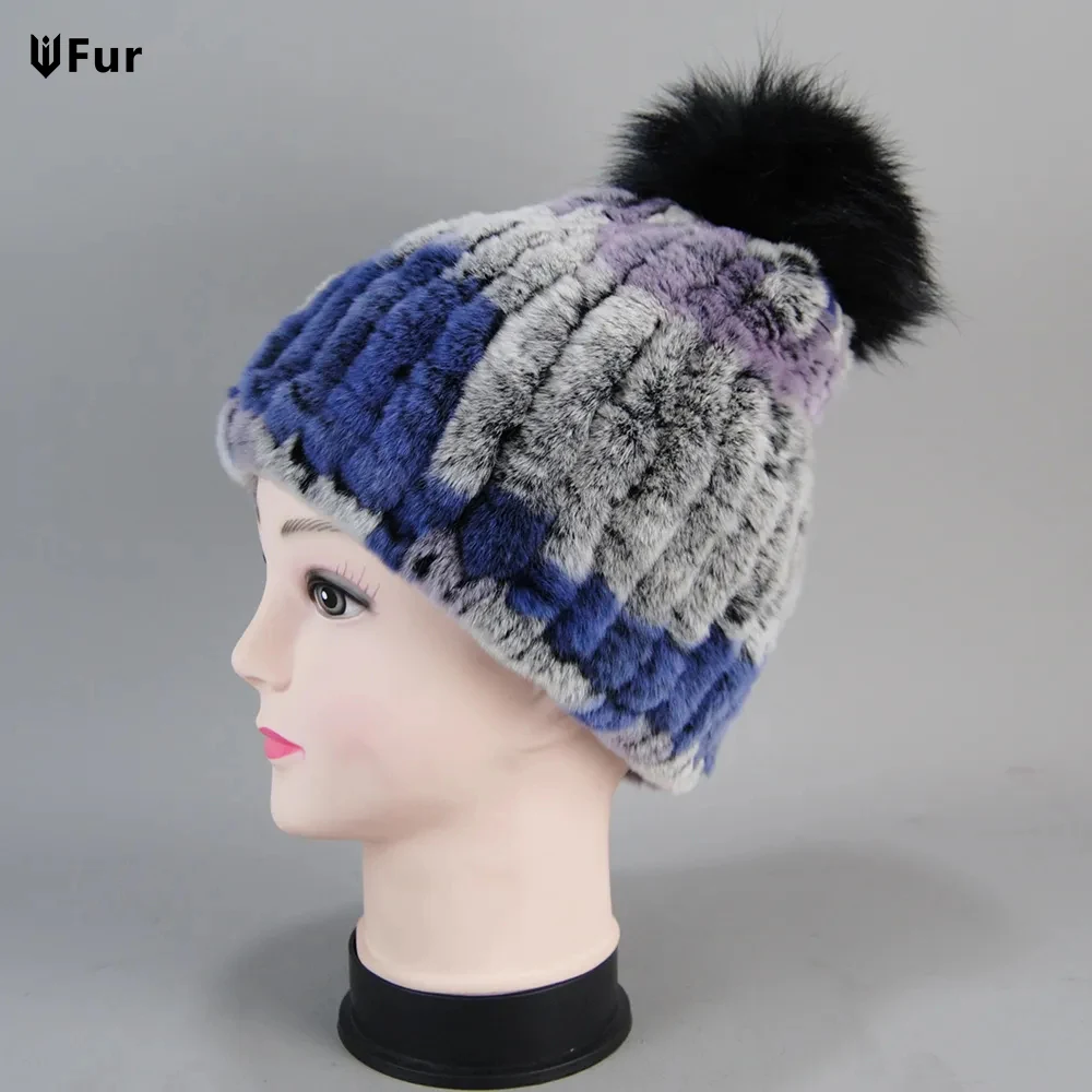 

Winter Lady Natural Rex Rabbit Fur Hat Women Warm Soft Genuine Rex Rabbit Fur Cap + Silver Fox Fur Ball Knitted Real Fur Caps