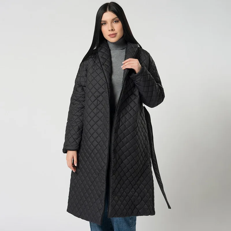 

CamKemsey Winter Parkas Coats Women Fashion Argyle Plaid Warm Down Cotton Padded Lace Up Long Cardigan Kimono Coats