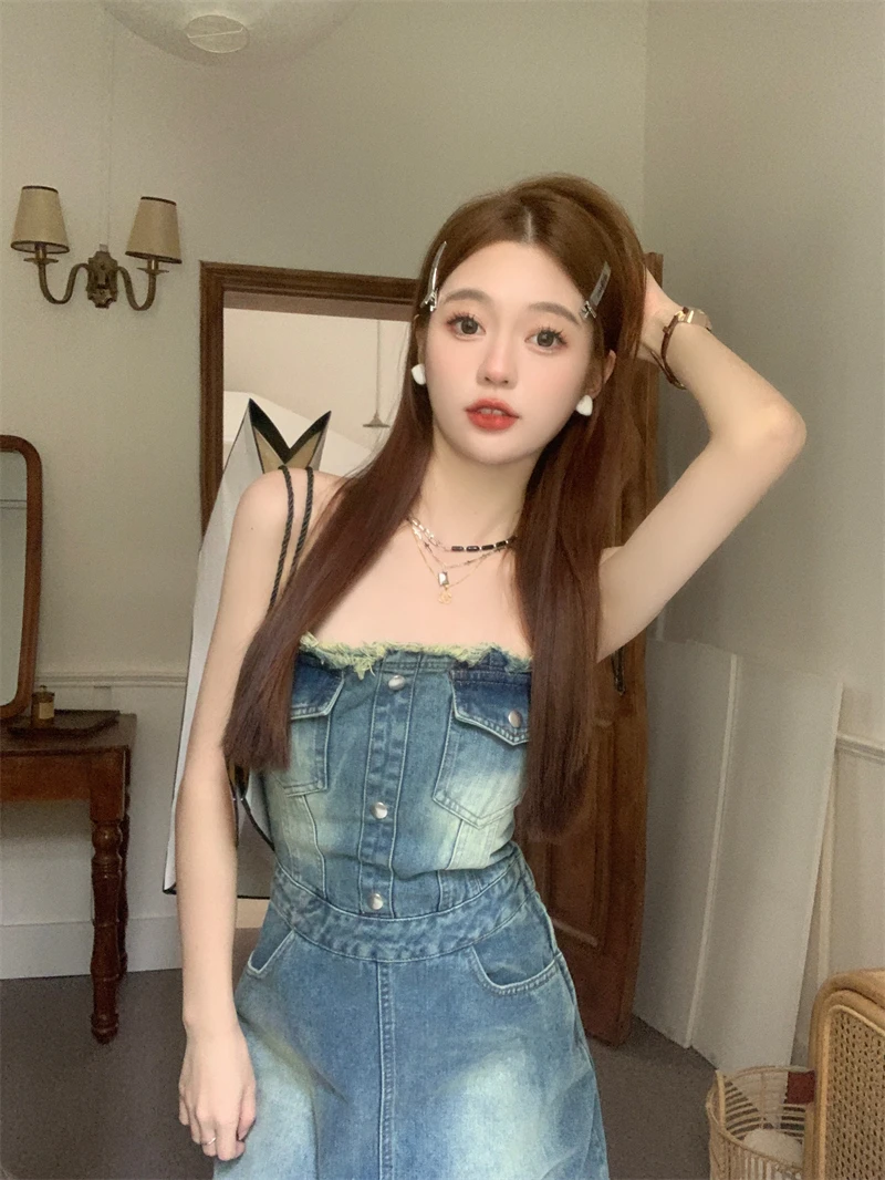 Denim skirt women's summer high street retro blue live shot large women's dress fat strapless waist back retro denim dress tasse