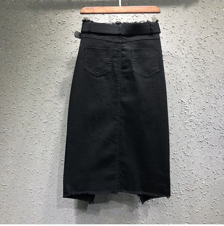 2022 Spring Summer Casual Women Lady Red Black Green High Waisted Tassel Stretch Pencil Denim Skirt Womens Elastic Jeans Skirts black pencil skirt