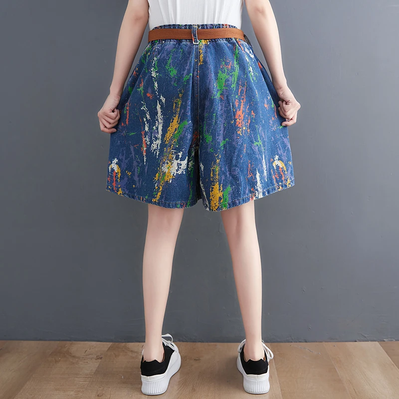 New Short Jeans Women Printing Wide Legs Elastic Waist Big Pockets Fashion Women Denim Shorts