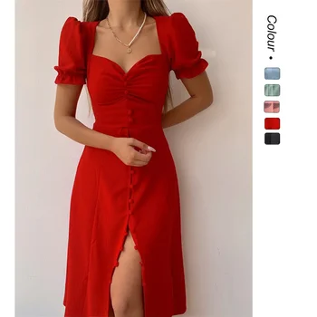 Elegante abito longuette con scollo a V, bottone singolo, primavera estate, nuovo stile, manica a palloncino, linea di vita regolare, produttore cinese