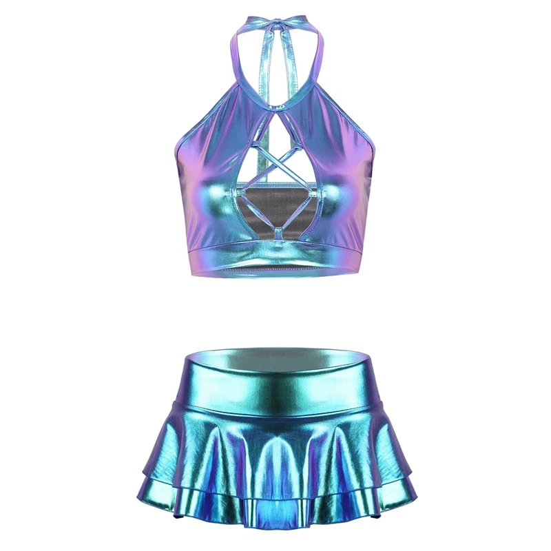 Women Pole Dance Clothing Shiny Metallic Rave Festival Outfit Halter Crop Top Bra Vest With Faux