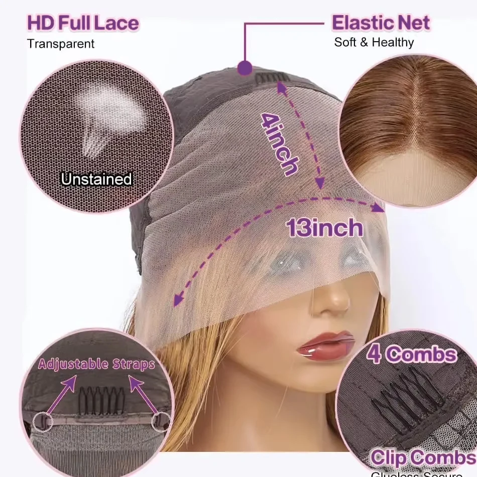 Honey Blonde Bob Wig Human Hair 14 Inch 13x4 Body Wave 4/27 Highlight Ombre HD Lace Front Wigs Human Hair Pre Plucked Glueless Lace Frontal Bob Wigs for Women Colored Wig 8