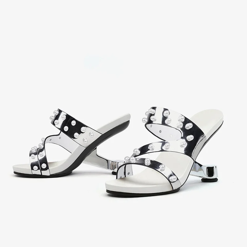 

Bling pearl decoration 8cm high strange heels round peep toe dress dating handmade cozy summer women sandals HL499 MUYISEXI