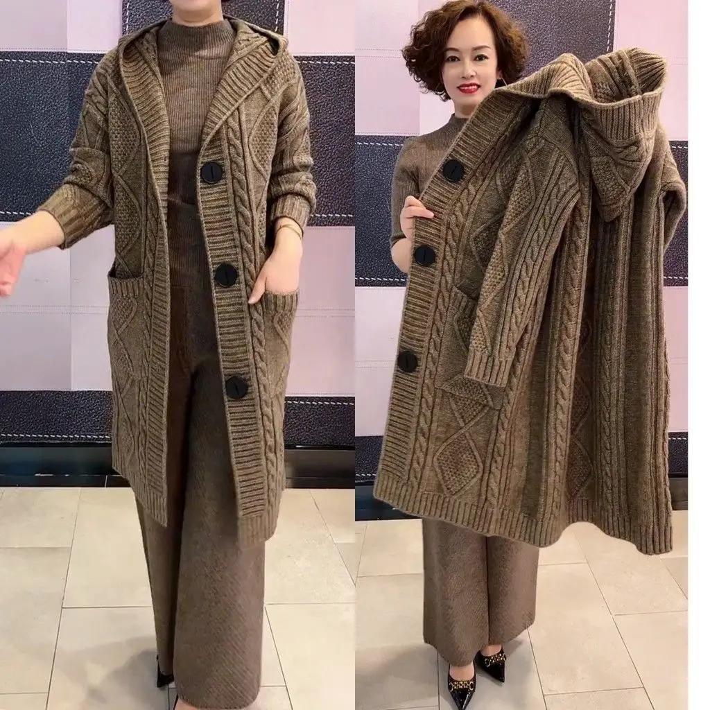 

2023 Spring and Autumn New Heavy Jacquard Twist Sweater Cardigan Mid-Length Large Pocket Hooded Knitted Jacket