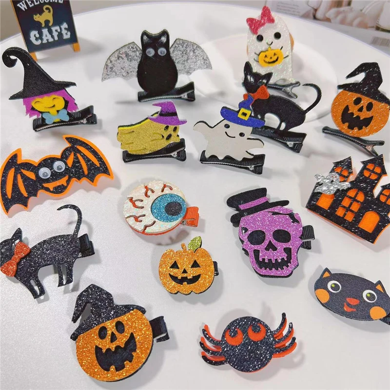 

10Pcs/Lot Halloween Glitter Hair Clips Cartoon pumpkin ghost Bows Hairpins For Girls Boutique Toddlers Cosplay Hair Accessories