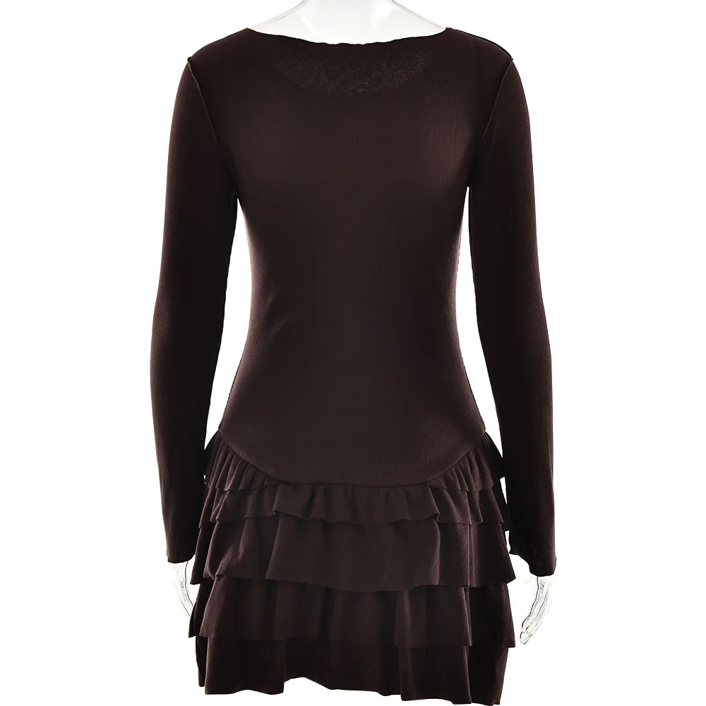 JULISSA MO Ribbed Round Neck Ruffles Women Dress White Long Sleeve High Waist Dress Female Autumn Skinny Elegant Streetwear 2025