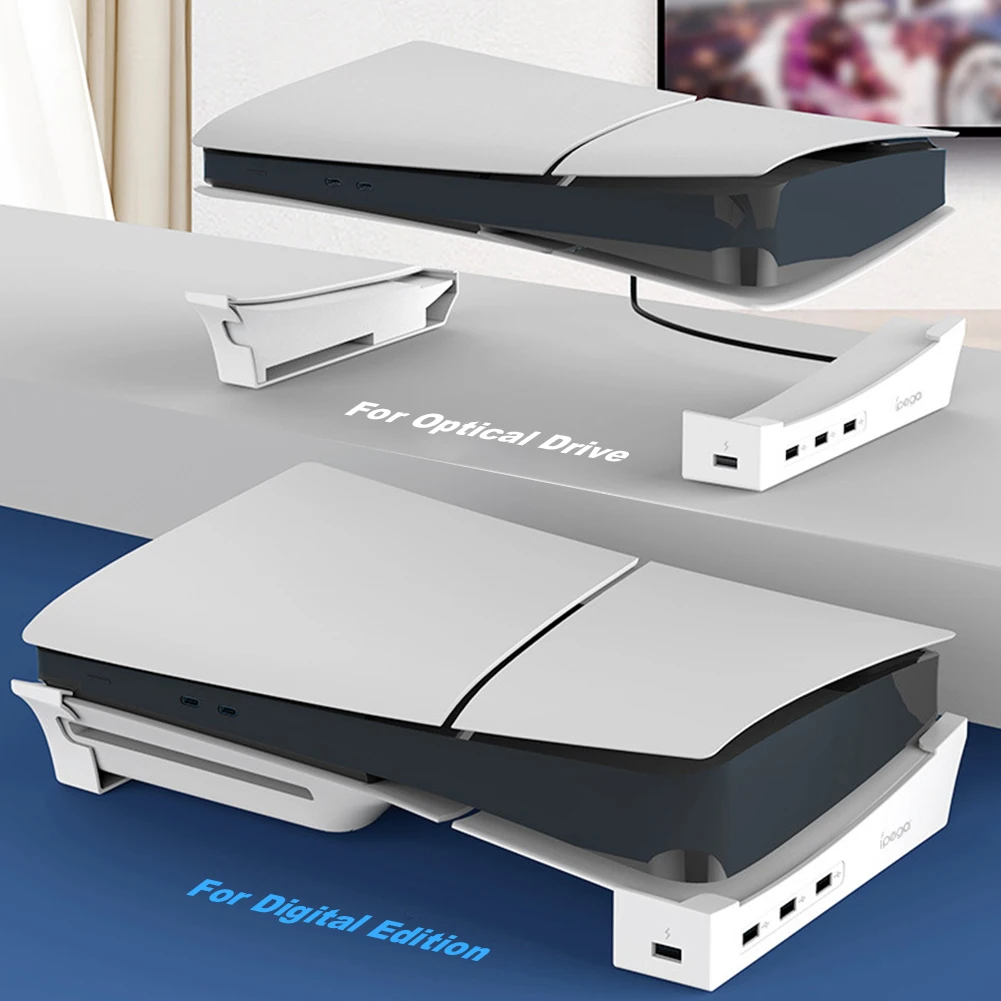 PS5 슬림 수평 거치대, 허브 베이스 스탠드 거치대, 1 고속 충전, 3 날짜 전송, 플레이스테이션 5 슬림용 USB 2.0 포트