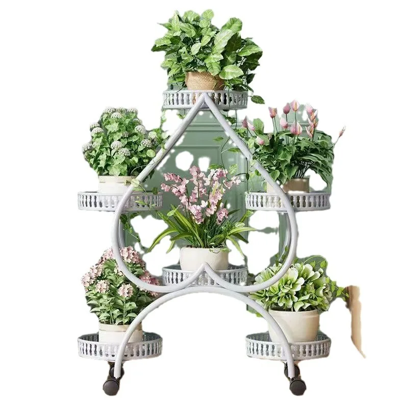 Heart-Shaped Iron Multi-Tier Plant Stand with Wheels Living Room Flower Stand Indoor Decorative Green Plant Shelf Heavy Loading
