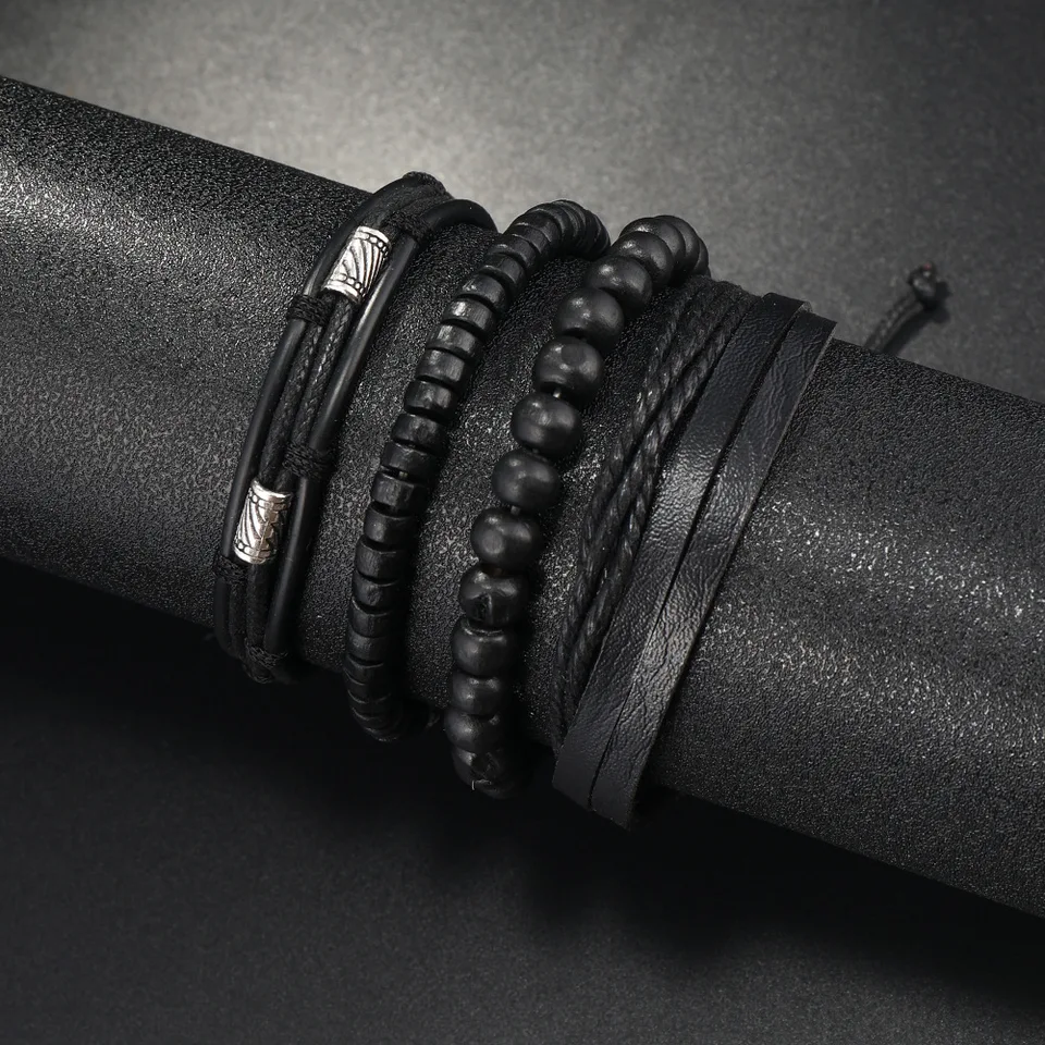 Bracelet en cuir multicouche pour hommes, Style Punk, perles en bois, Bracelet e