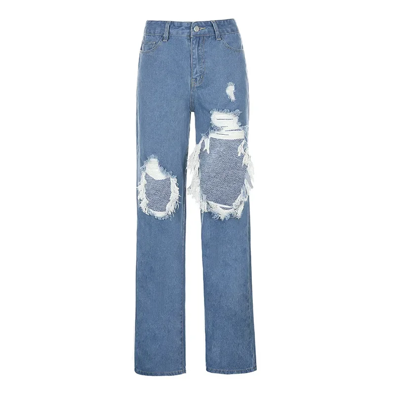 Fall Women High Waist Ripped Hole Jeans Pants Female Casual Baggy Denim Pants All-Match Streetwear Straight Jeans Fashion 2023