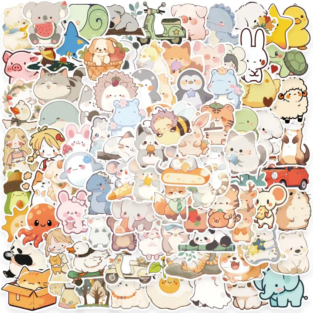 

100Pcs Lovely Ink Painting Animal Stickers Graffiti Sticky Aesthetics Ornament Stationery Refrigerator Waterproof Sticker toys