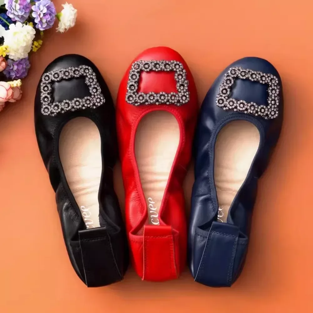

Women Shoes Big Size 34-43 Soft Bottom Summer Shoes Genuine Leather Metal Buckle Slip on Loafers Black Red Blue Ballet Flats