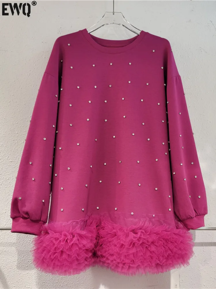 

[EWQ] Sweet Women Diamond Mesh Spliced Sweatshirts Long Sleeve O-neck Loose Fashion Pullovers Top 2024 Autumn Winter New 16U3977