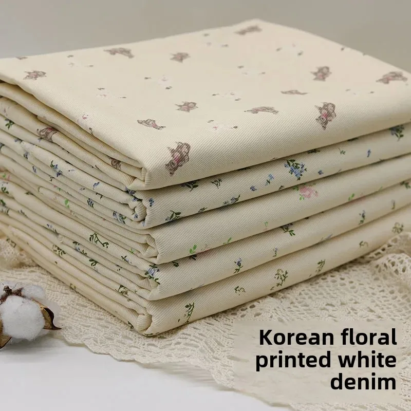 Fresh Floral Print Denim Fabric for Clothing And Bags Small Flower Patterned Fabric Art Box Bag Material Denim