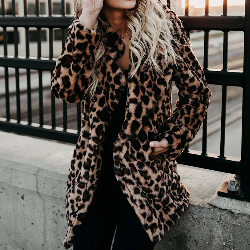 

New Faux Fur Coat Warm Leopard Lapel Jacket Women Spring Autumn Female Printed Soft Overcoat Casual Lady Elegant Outerwear