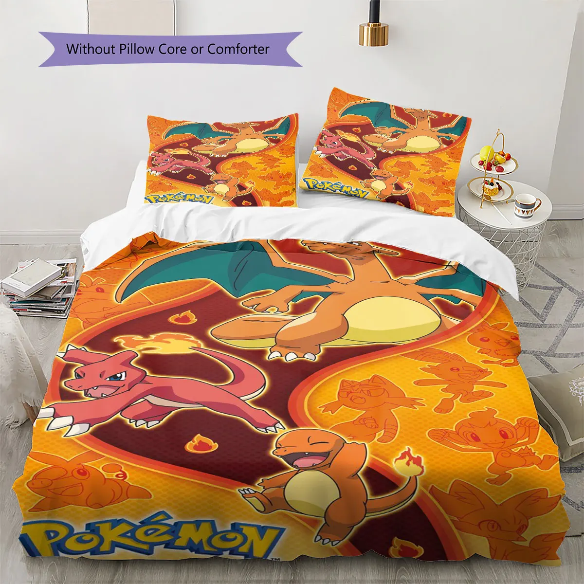 Charizard 3Pcs 침구 세트 멋진 파이어 드래곤 인쇄된 이불 커버 베개 커버 부드러운 마이크로 화이버 침실 장식 충전재 없음