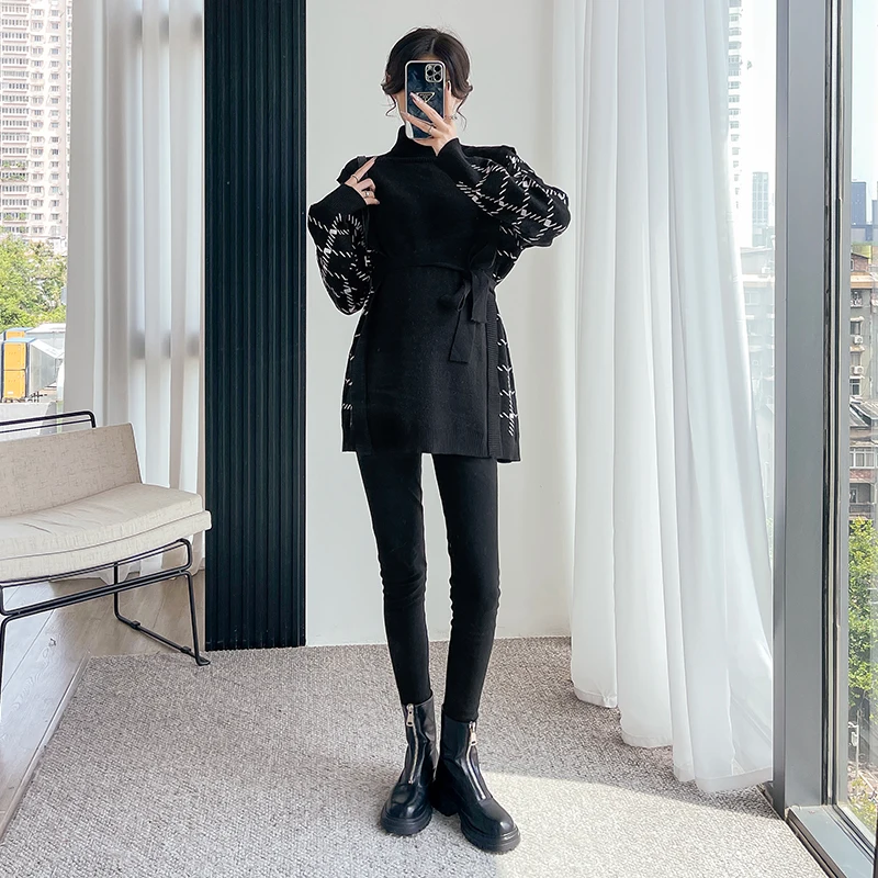 Patchwork Knitted Maternity Sweaters Large Size Loose Ties Waist Shirt Clothes Winter Pregnant Women Pregnancy clothing