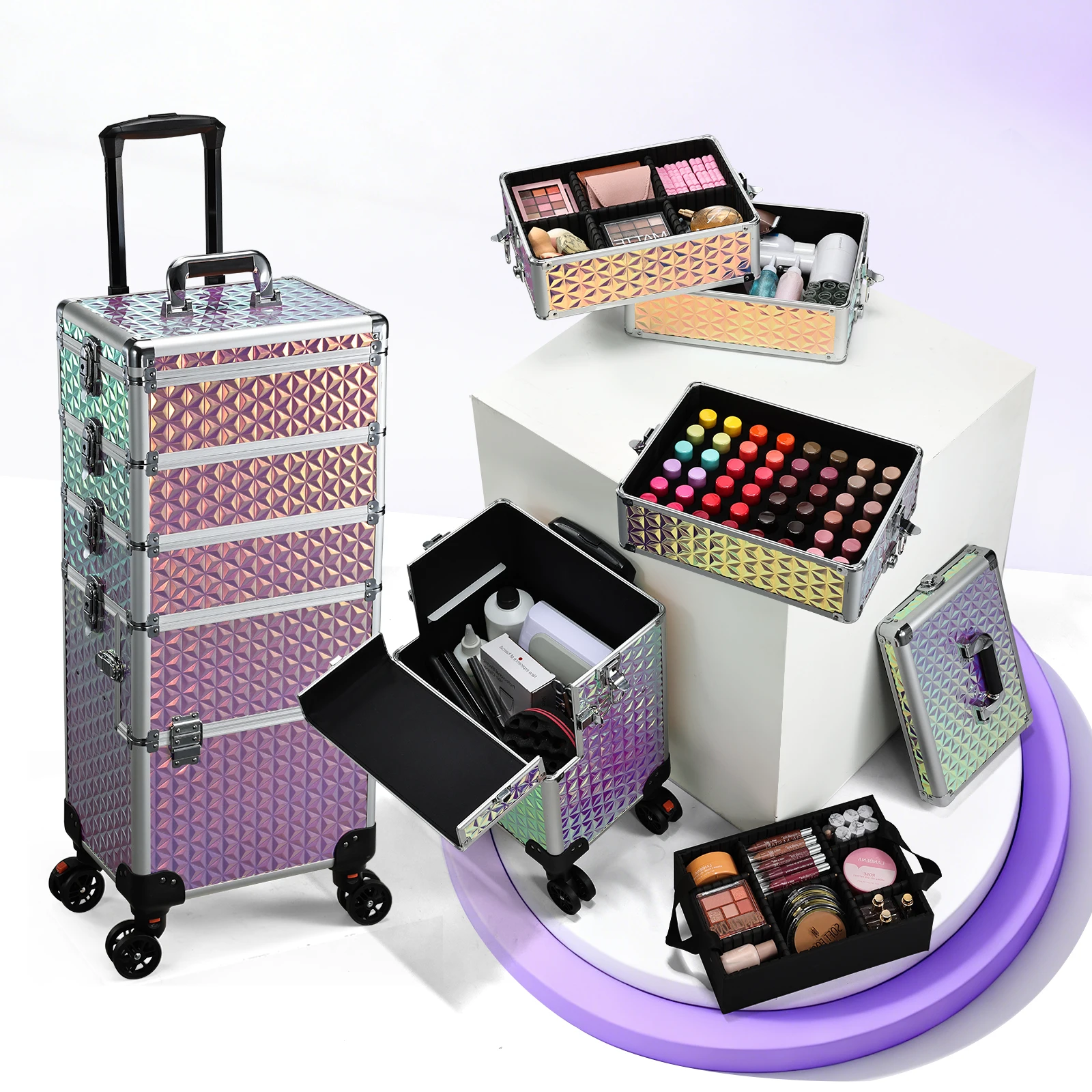 Trousse de maquillage roulante 5 en 1, boîte de rangement de cosmétiques sur roulettes, étui de Train de maquillage de voyage, étuis de chariot à ongles, camion à roulettes Extra Large