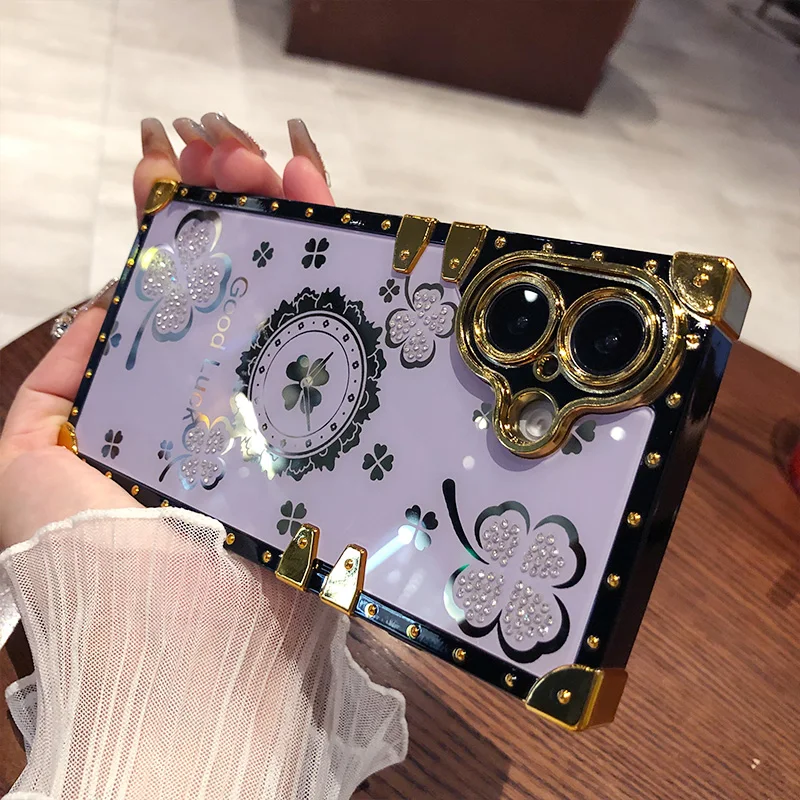 Glitzernde Retro-Diamant-Strass-Quadrathülle für iPhone 16 12 13 14 15 Pro Max 16pro Weiche Silikonbeschichtung Stoßfeste Hülle_voghion.com