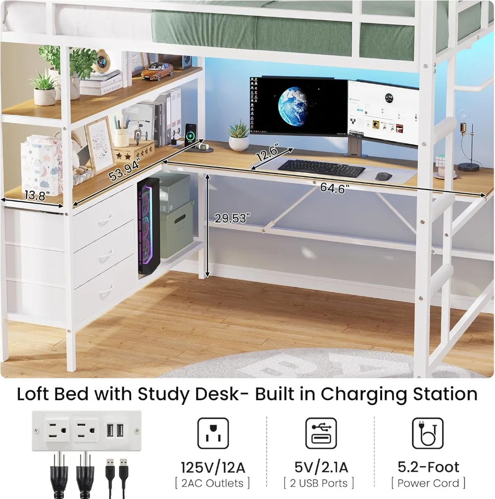 Full Size Loft Bed with L-Shaped Desk, LED Lights, Charging Station & Storage for Teens/Adults