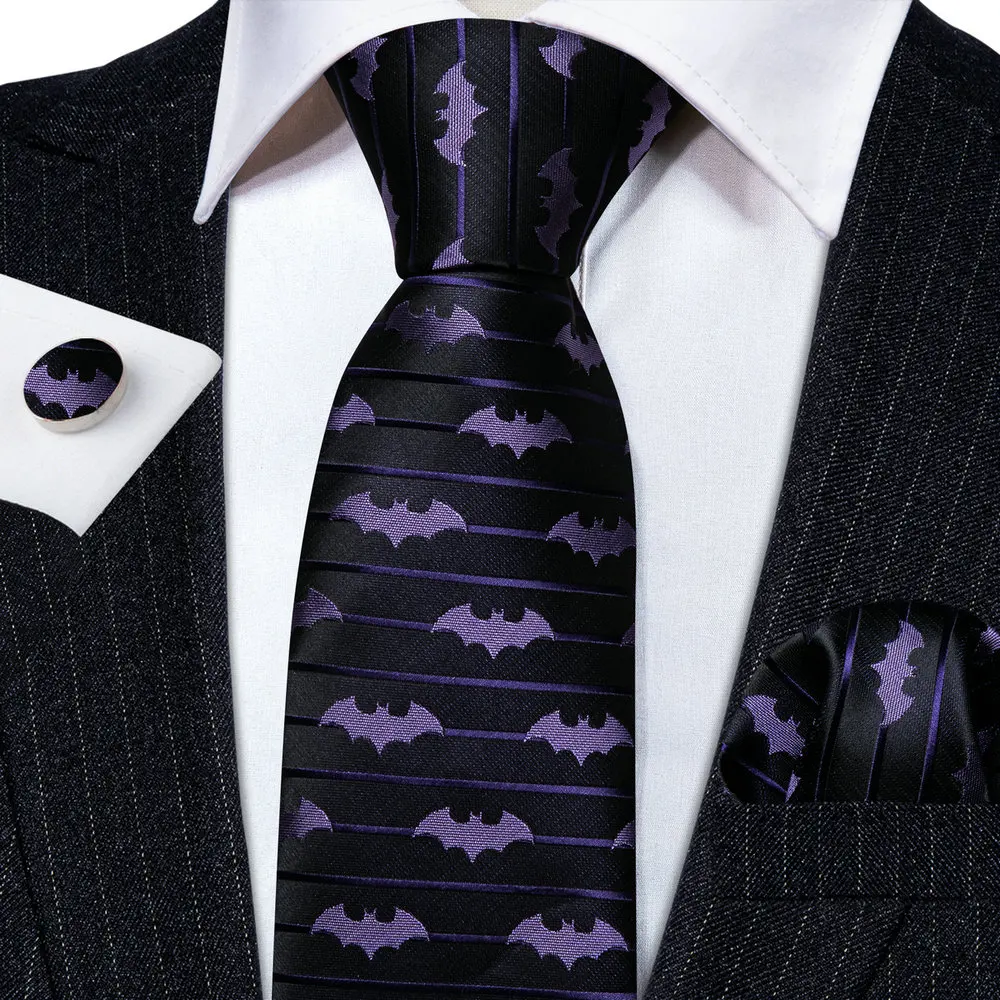 Silke Men Ties Fashion Purple Bat Design Woven Ncktie Handkerchief Cufflinks Set Wedding Party Gifts Barry.Wang FA-6210 neck tie pocket square mini handkerchief
