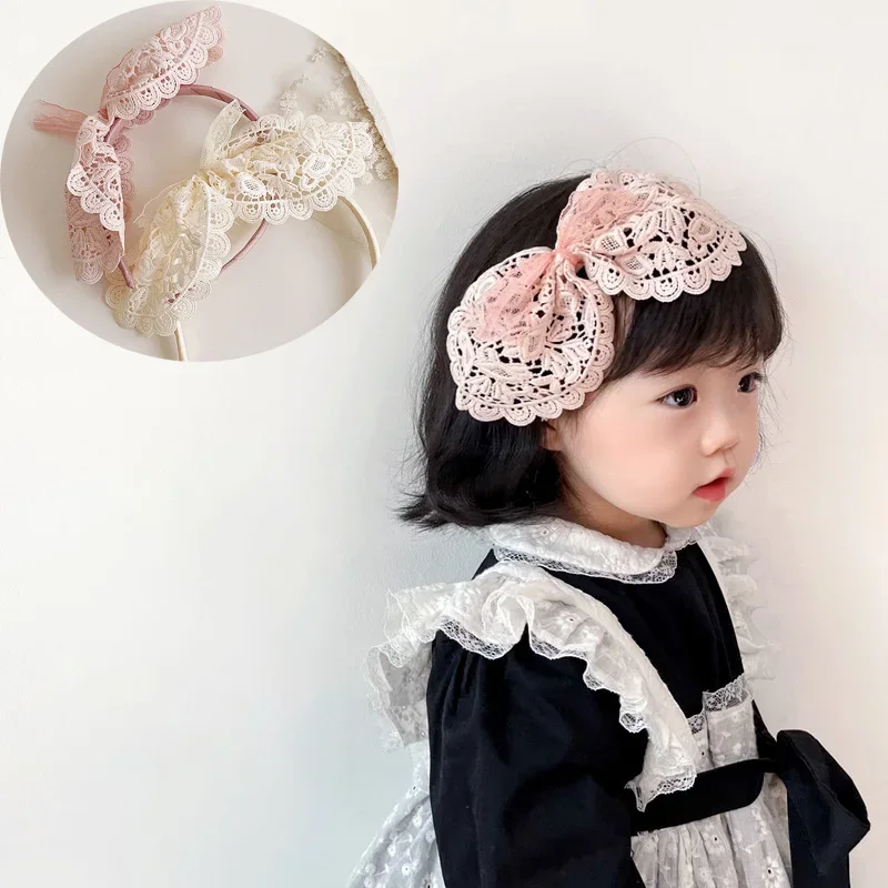 1pc New French Vintage Lace Tie Bow Hair Bands Lace Headband Cute Big Bow Hair Hoop for Baby Girls Baby Hair Accessories 2