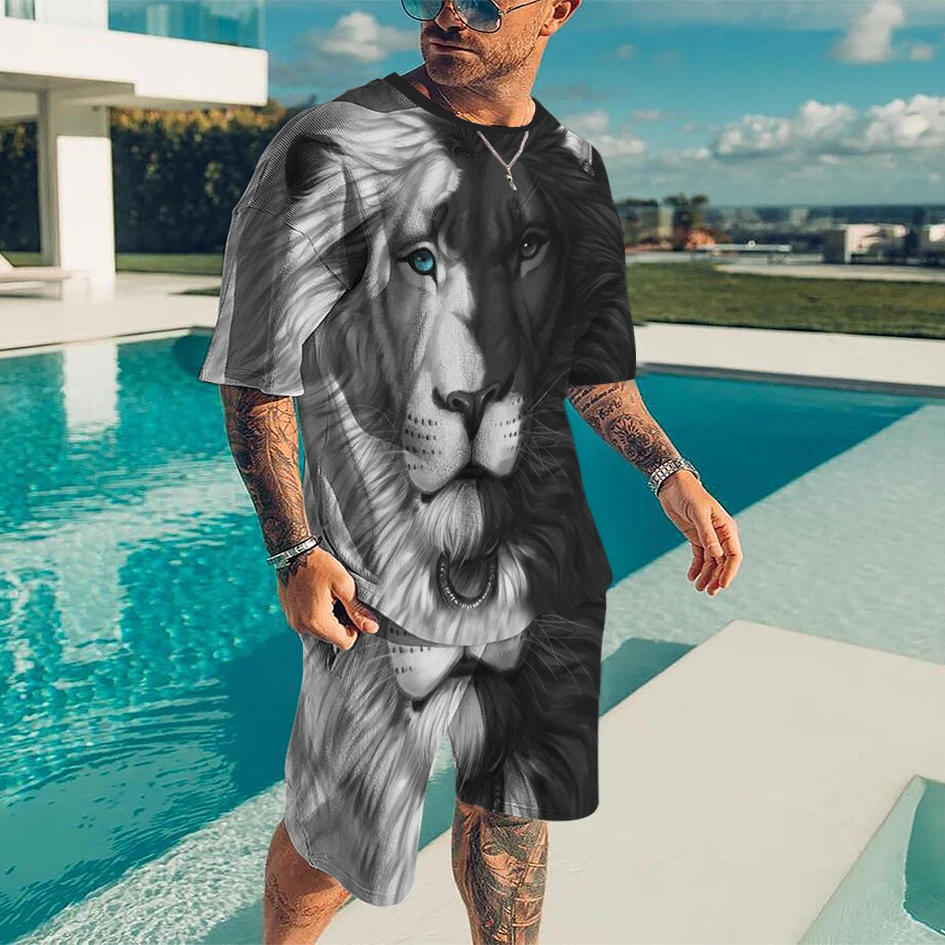 Summer Sports Suit Black and White Lion 3D Printed T-shirt Casual Sports Suit Short Men's Retro Brand Shorts 2 Pieces 2022 spring autumn new 3d african print men s fashion casual suits couple retro hip hop hoodie pants men s women s sports suit