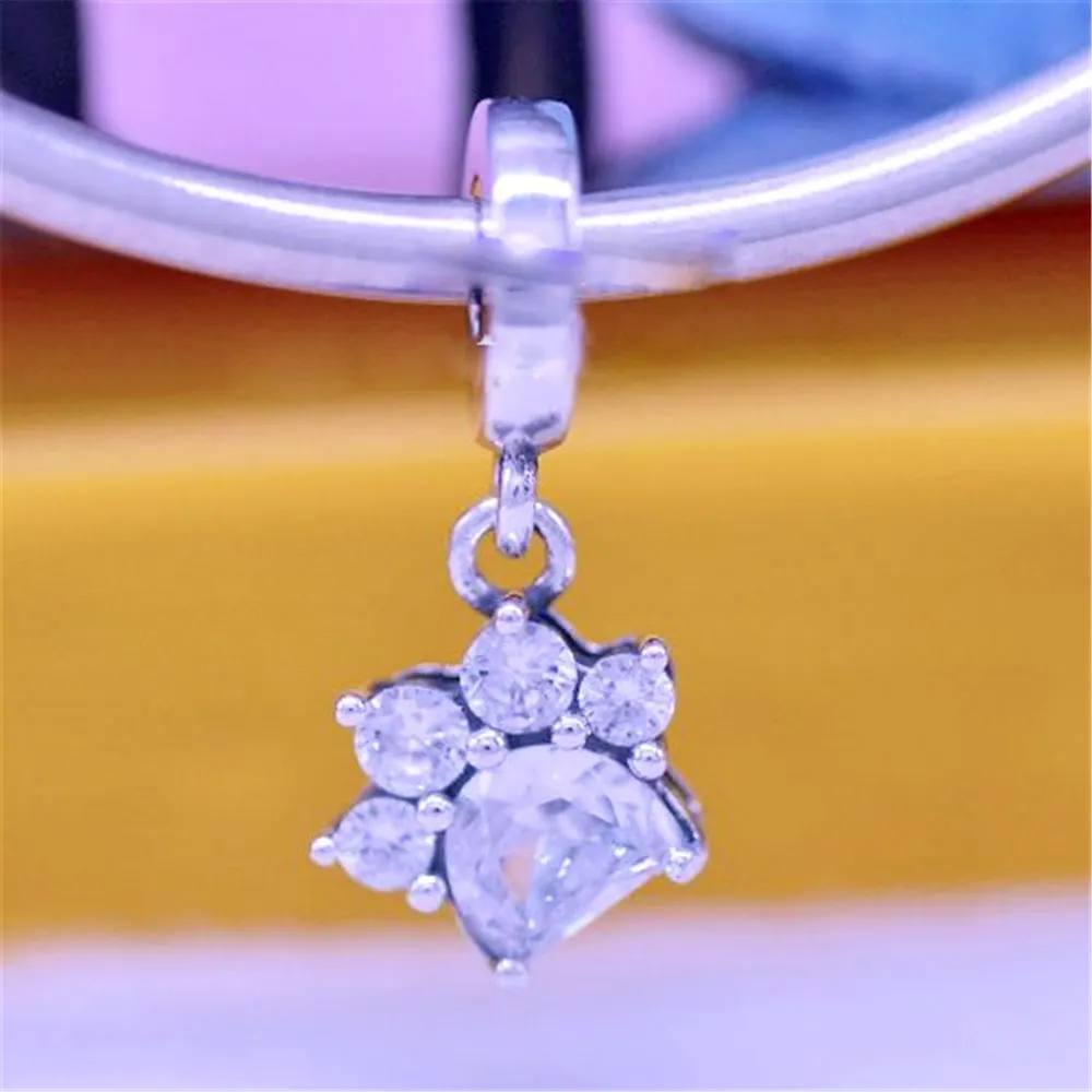 

925 Sterling Silver Sparkling Pet Paw Print Dangle Charm Bead Fits All European Pandora Bracelets Necklaces