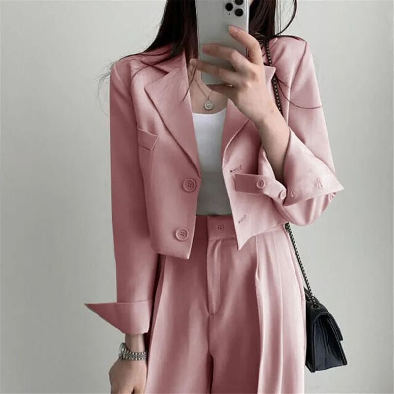 Office Lady Blazer Pants Vintage Women Long Sleeve Short Tops Jacket High Waist Wide Leg Long Trouser Suit Female Fashion Outfit