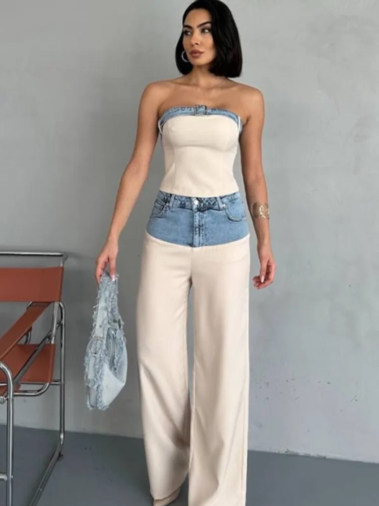 Retro Denim Patchwork Two Piece Outfits Woman Fashion Sleeveless Tube Top High Waist Long Straigh Trousers Summer Slim Lady Suit