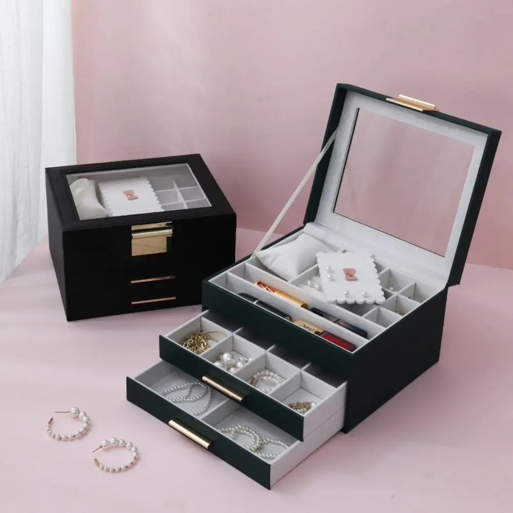 

3-Layer Jewelry Box 2 Drawers Glass Lid Earrings Bracelets Organizer Holder Modern Style Multi-Functional Necklace Storage Box