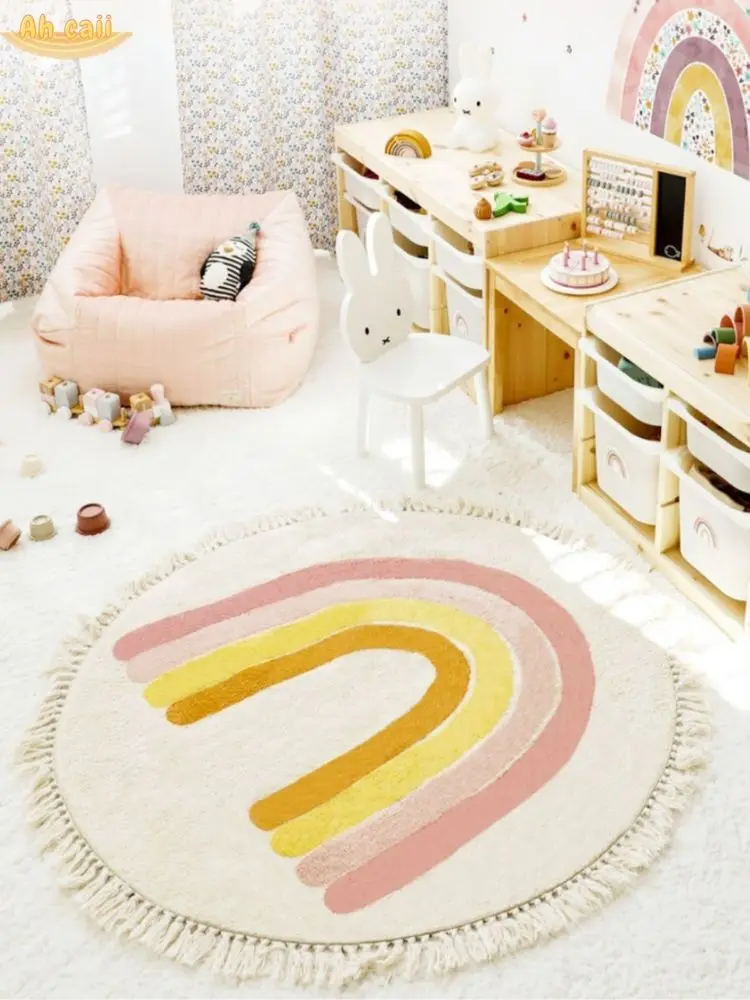 Rainbow Fluffy Carpet For Living Room With Tassels White Plush Rug For Kids Bedroom Soft Nursery Play Mat Children Babi