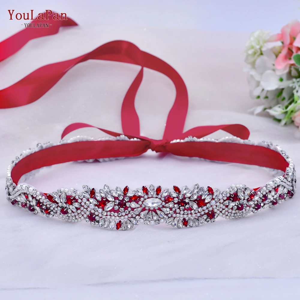 YouLaPan S82 Bridal Red Rhinestones Belt for Wedding Evening Dress Accessories Female Woman Fashion Belts Crystal Sash Waistband