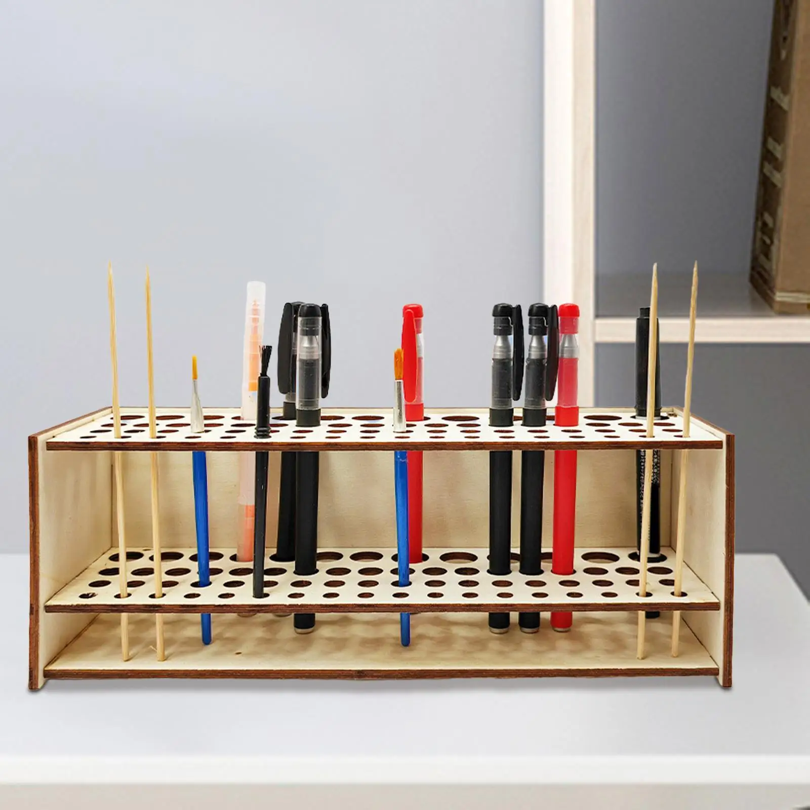 Paint Pen Holder Wood Art Supplies 67 Holes Portable Wooden Brush Holder for